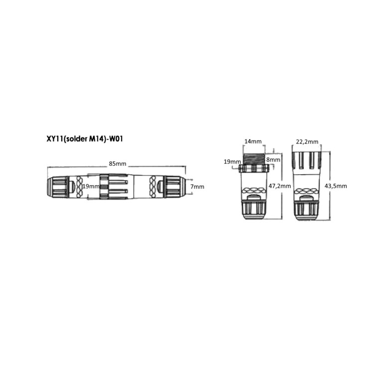 Коннектор линейный XY11(Solder M14)-W01(3P), под пайку, разъемный, без клапана, кабель-кабель, конт группа штекер, 3 Пин, IP68, 15А, 250В, провод 0.75-2.5мм2, 6OD 7мм