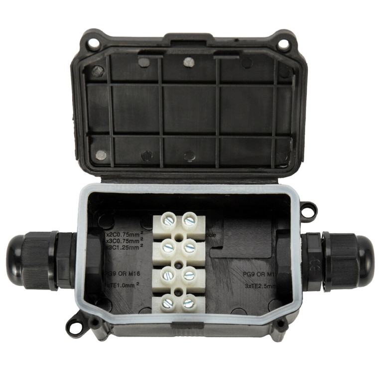Бокс кабельный герметичный XYPG9 IP65 (B703)303 with CA10 3P, 3 вывода, IP65, черный, 2 винта крышки, винтовая колодка CA10, 3 Пин, PG9, 0,5-2,5мм2, полипропилен, размеры корпуса 68,6х45х32мм